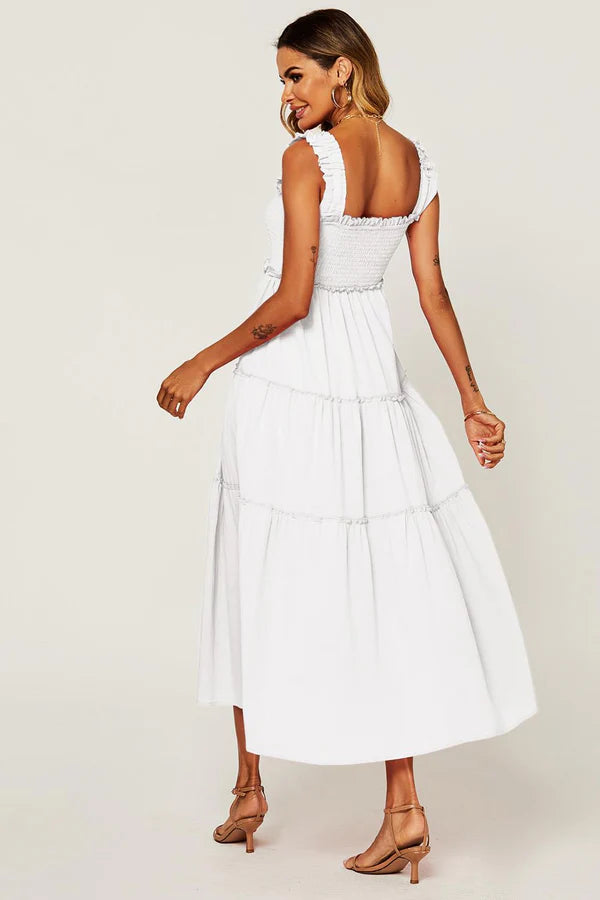 India White Shirred Detail Tiered Midaxi Dress