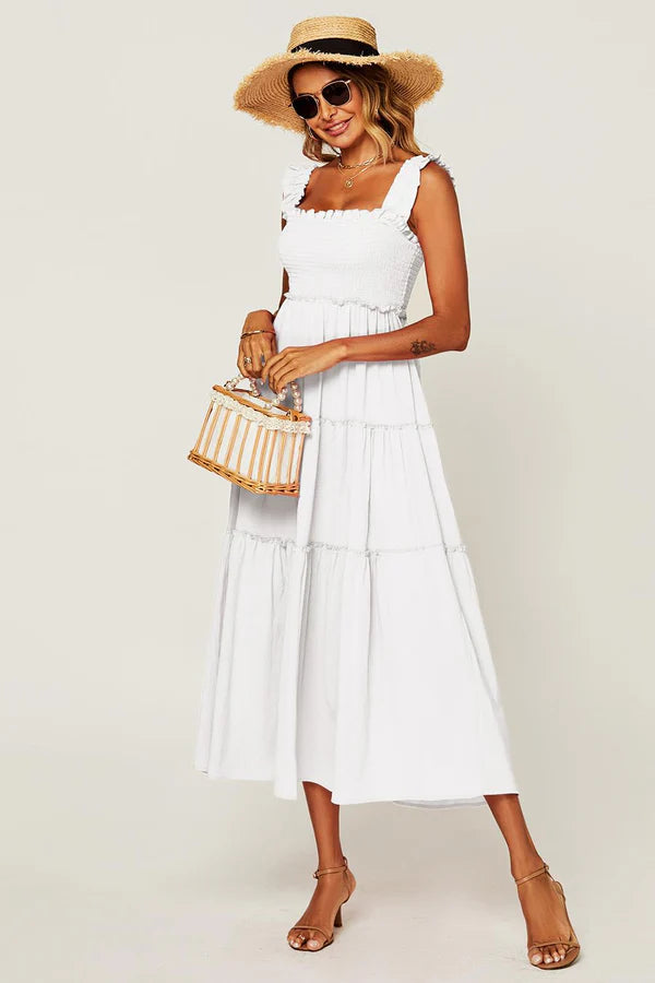 India White Shirred Detail Tiered Midaxi Dress