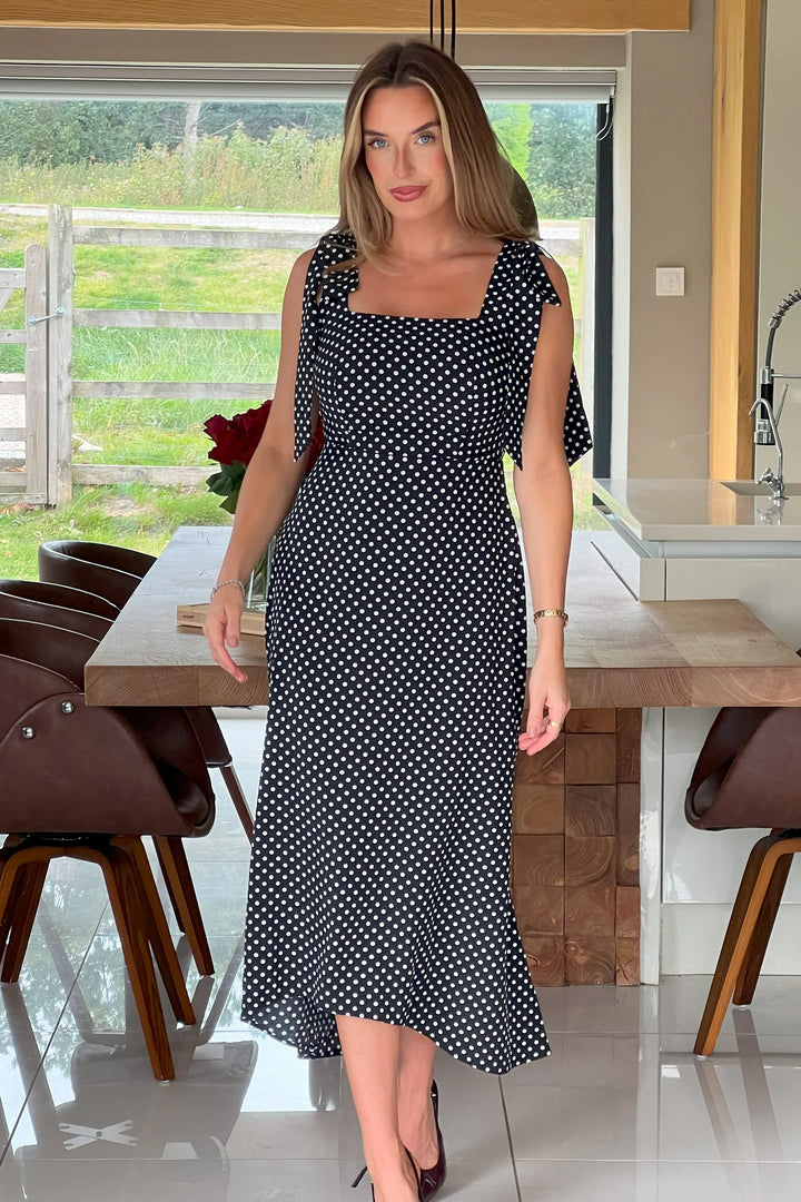 Jovi Black Polka Dot Tie Shoulder Square Neck Midi Dress