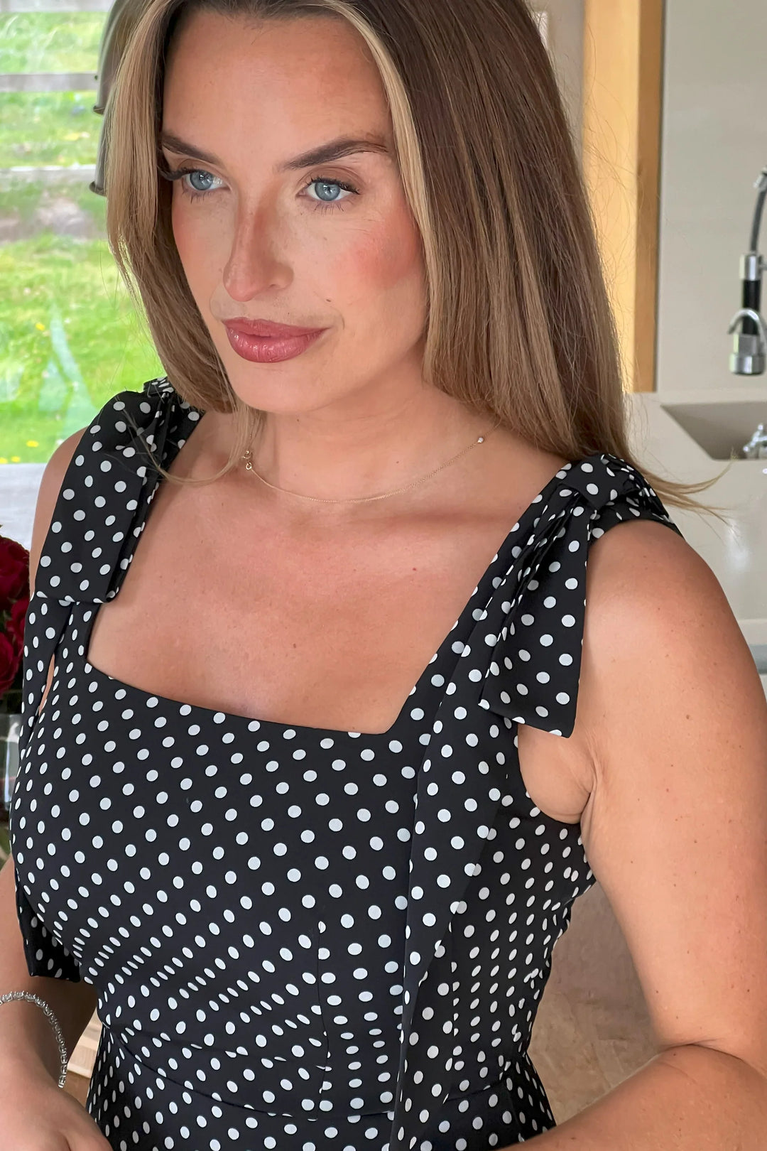 Jovi Black Polka Dot Tie Shoulder Square Neck Midi Dress