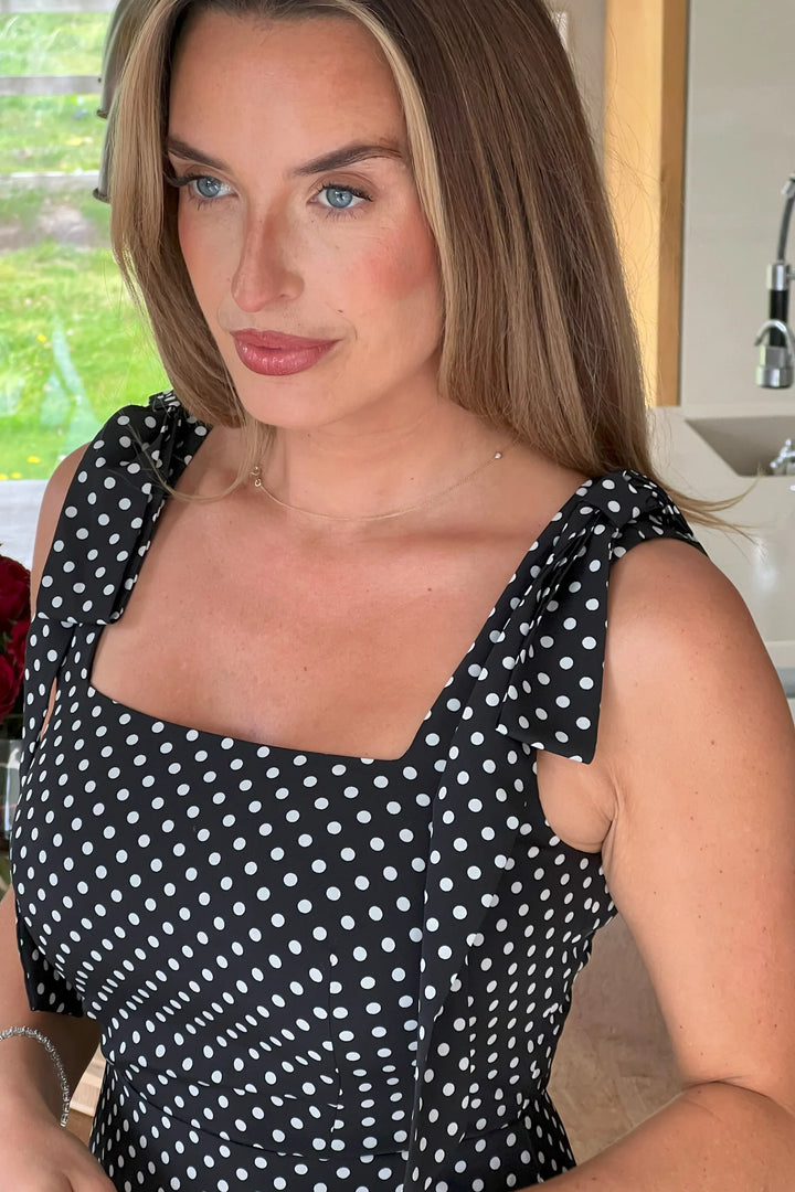 Jovi Black Polka Dot Tie Shoulder Square Neck Midi Dress