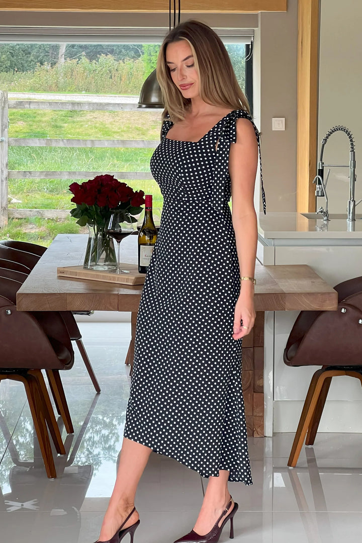Jovi Black Polka Dot Tie Shoulder Square Neck Midi Dress