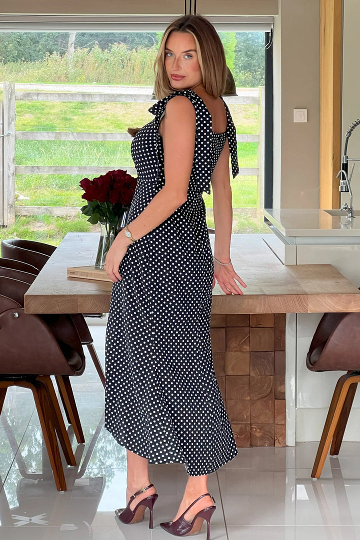 Jovi Black Polka Dot Tie Shoulder Square Neck Midi Dress
