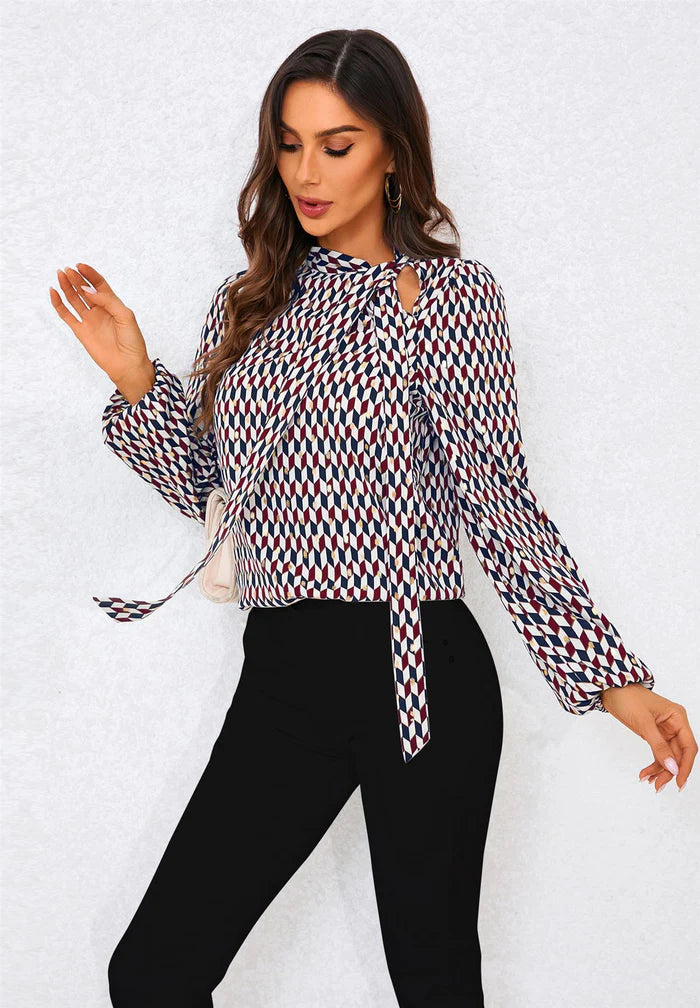 Karlie Wine Geo Print Side Tie Blouse Top