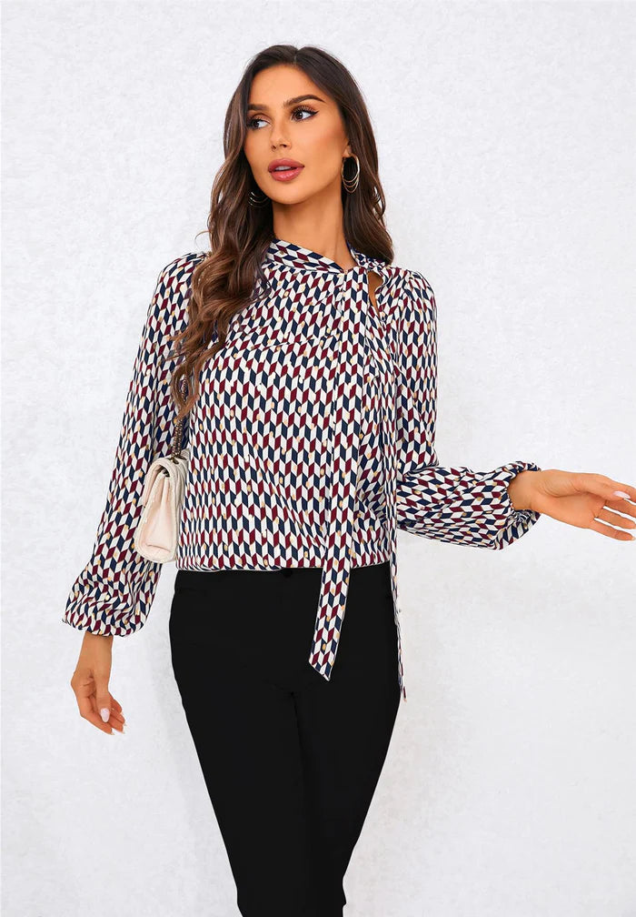 Karlie Wine Geo Print Side Tie Blouse Top