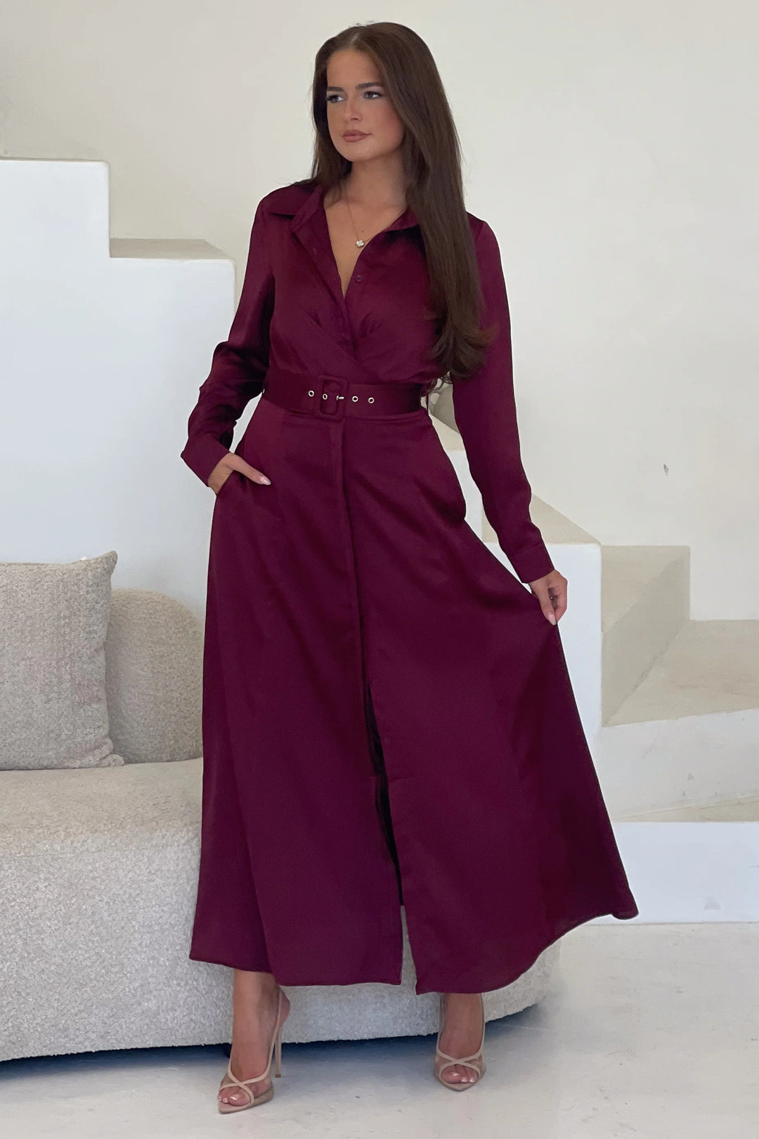 Kira Wrap Detail Wine Red Maxi Belted Long Sleeve Shirt Dress | LittleMadam Kira Wrap Detail Wine Red Maxi Belted Long Sleeve Shirt Dress | LittleMadam
