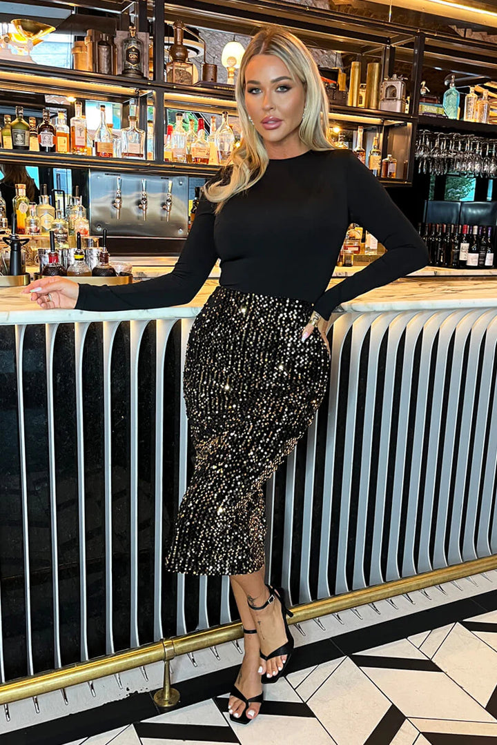 Lois Gold Velvet Sequin 2 in 1 Long Sleeve Midi Dress