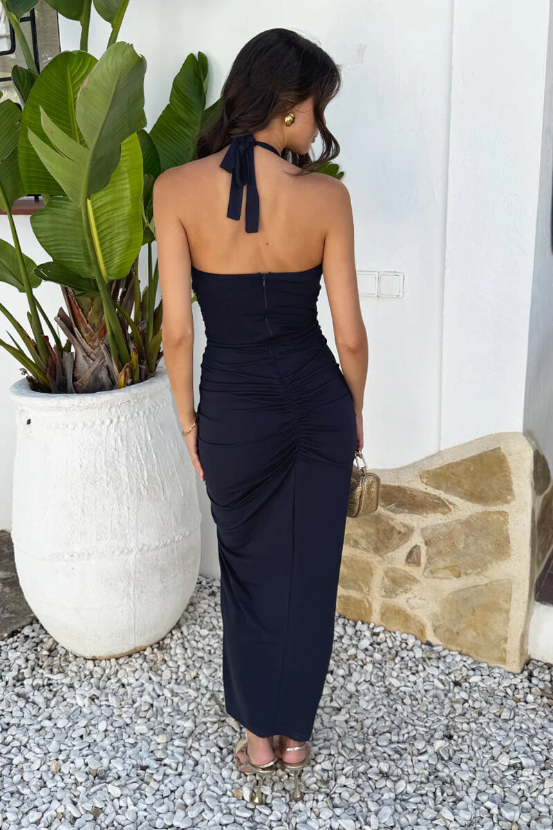 Lorelai Navy Tie Halter Neck Ruched Side Maxi Dress | LittleMadam Lorelai Navy Tie Halter Neck Ruched Side Maxi Dress | LittleMadam