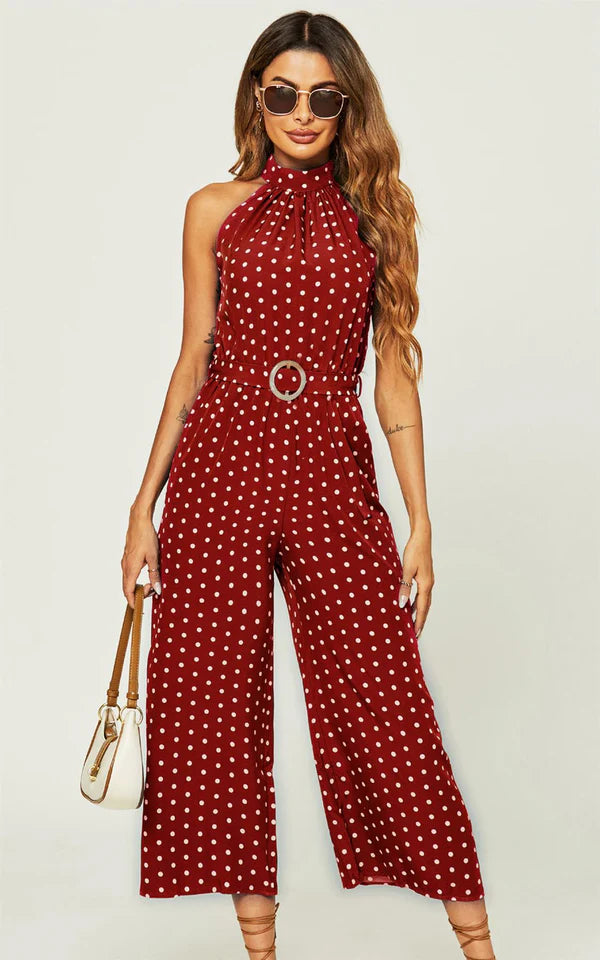 Madison Red Polka Dot Halterneck Neck Belted Cropped Jumpsuit