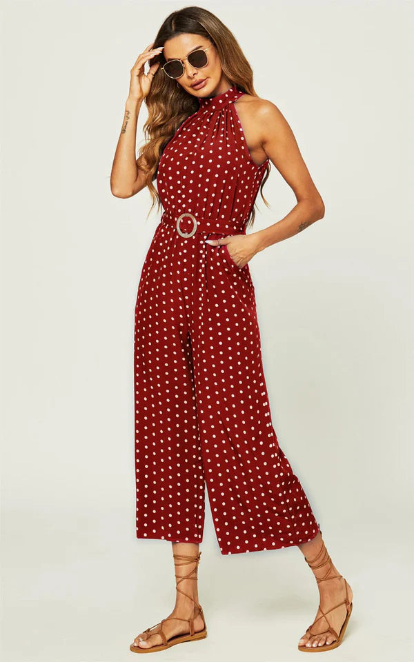 Madison Red Polka Dot Halterneck Neck Belted Cropped Jumpsuit