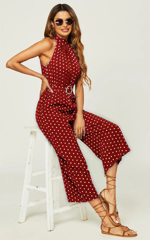 Madison Red Polka Dot Halterneck Neck Belted Cropped Jumpsuit