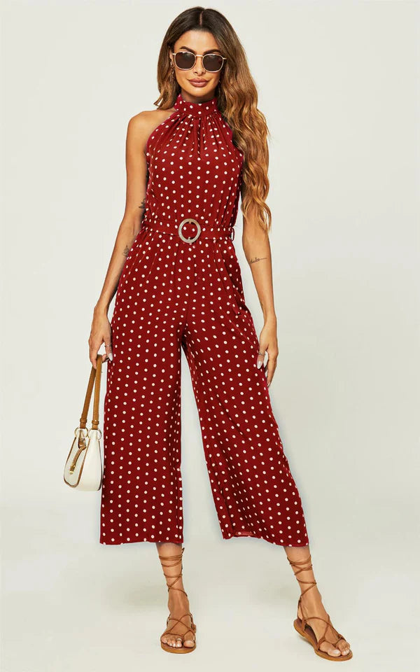 Madison Red Polka Dot Halterneck Neck Belted Cropped Jumpsuit