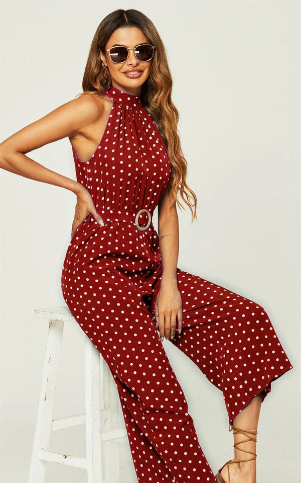 Madison Red Polka Dot Halterneck Neck Belted Cropped Jumpsuit