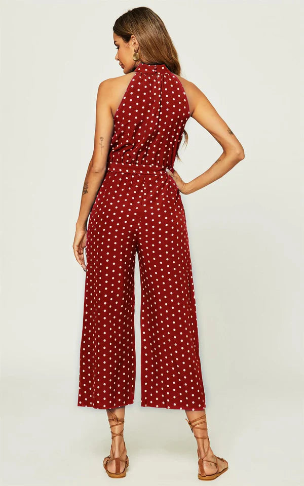 Madison Red Polka Dot Halterneck Neck Belted Cropped Jumpsuit