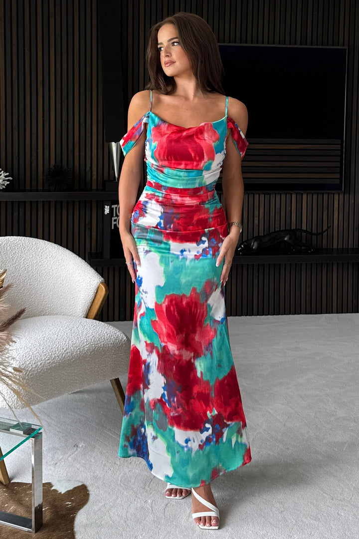 Madeline Teal and Red Cold Shoulder Bodycon Maxi Dress