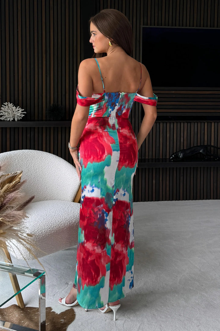 Madeline Teal and Red Cold Shoulder Bodycon Maxi Dress