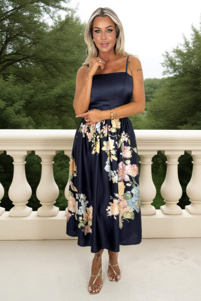 Mila Navy Floral Print Detail Strappy Midi Dress