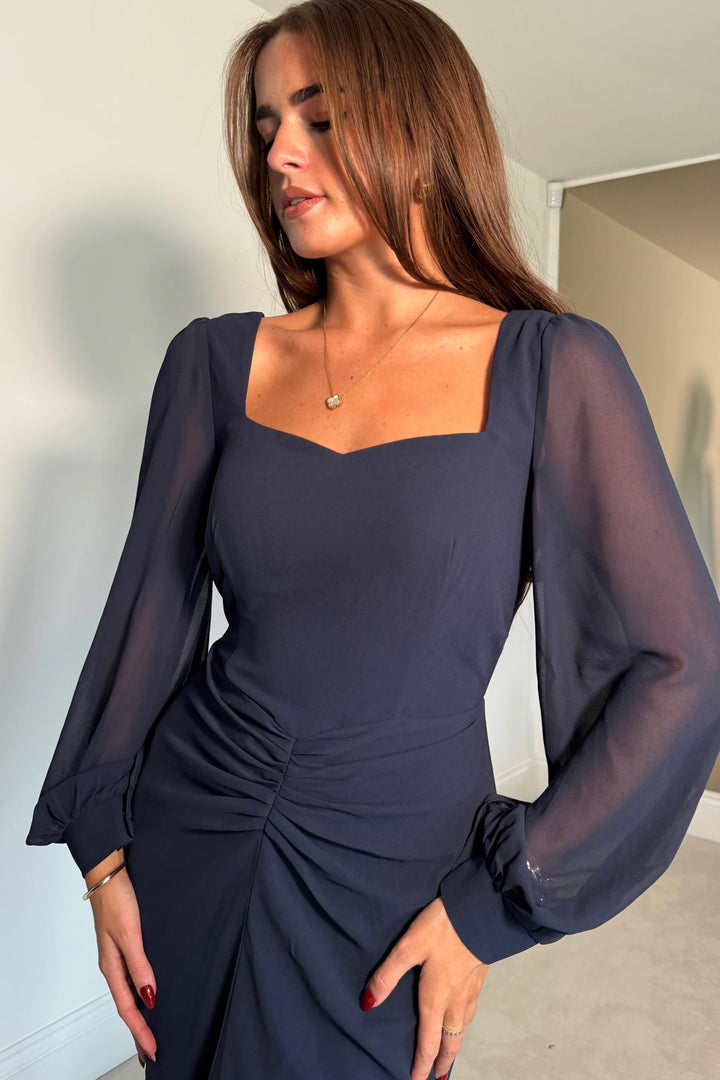 Mina Navy Sweetheart Neckline Long Sleeve Ruched Detail Midi Dress