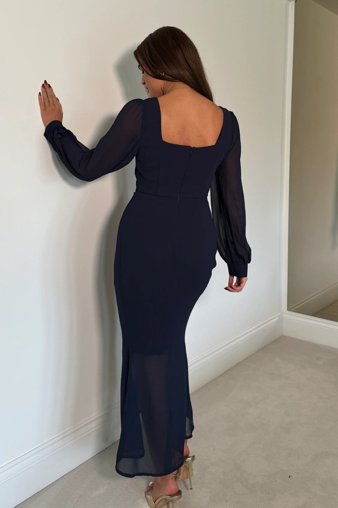 Mina Navy Sweetheart Neckline Long Sleeve Ruched Detail Midi Dress