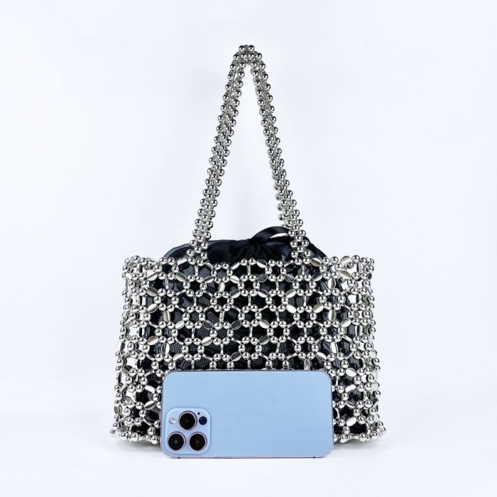 LAX Metallic Silver Beaded Tote Bag