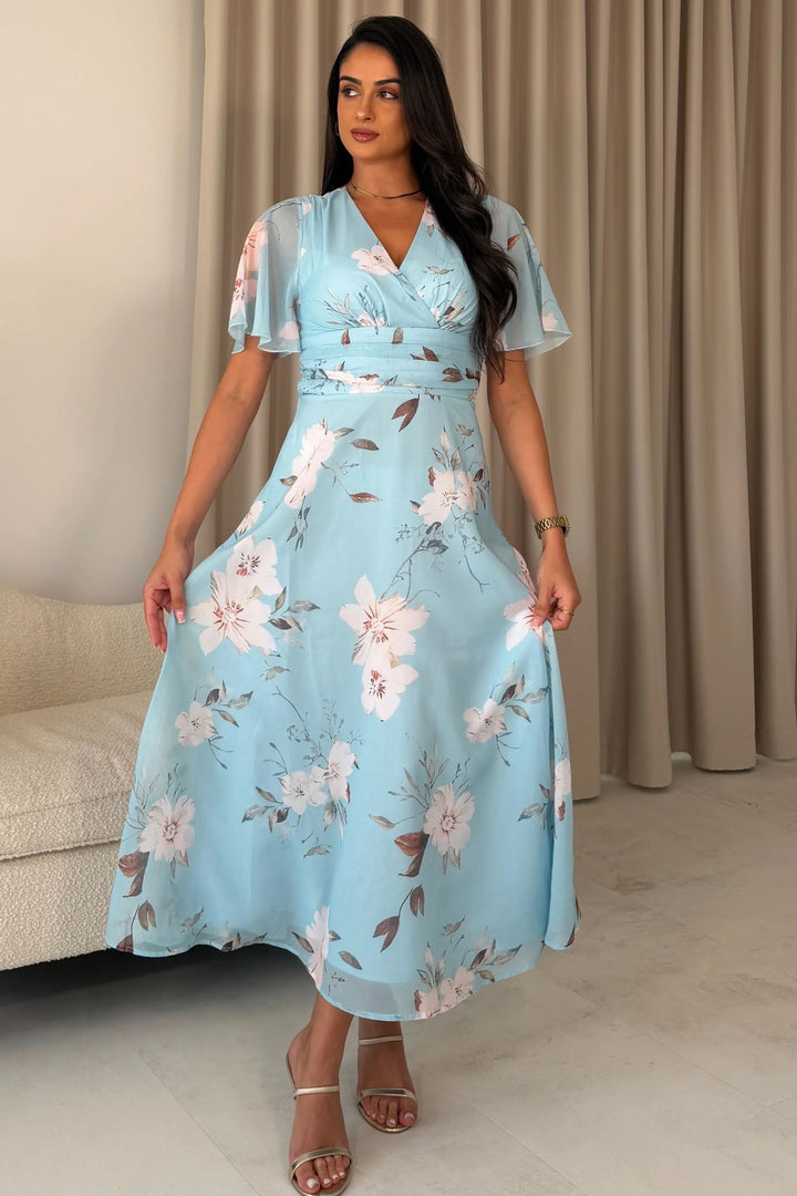 Pari Sky Blue Floral Wrap Neck Pleated Waist Maxi Dress