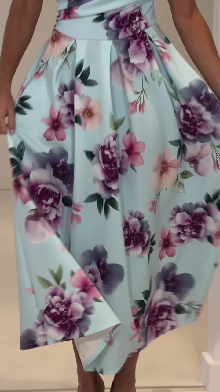 Betty Blue & Lilac Floral Asymmetric Neckline Skater Midi Dress With Pockets