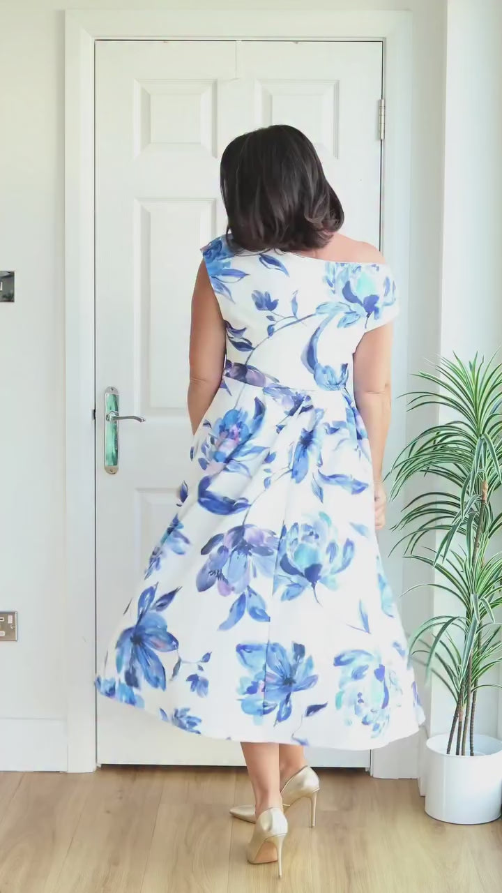 Betty Blue Floral Asymmetric Neckline Skater Maxi Dress With Pockets (PRE-ORDER SHIPS END OF MAY)