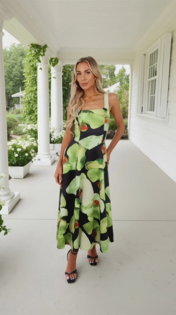 Darcy Black & Green Floral Square Neck Sleeveless Midi Dress With Pockets