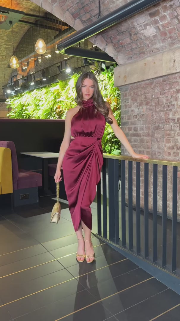 Cici Burgundy Wine Halter Neck Gathered Skirt Midi Dress