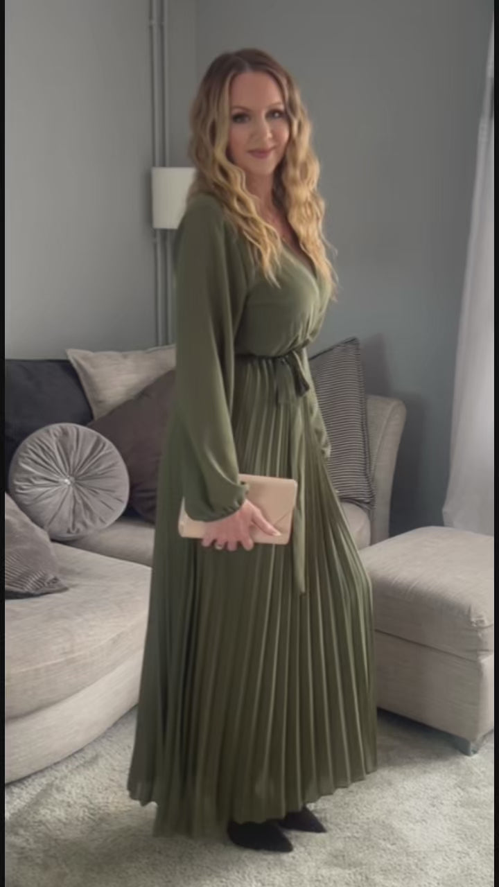 Amalfi Coast Khaki Chiffon Long Sleeve Pleated Belted Maxi Dress