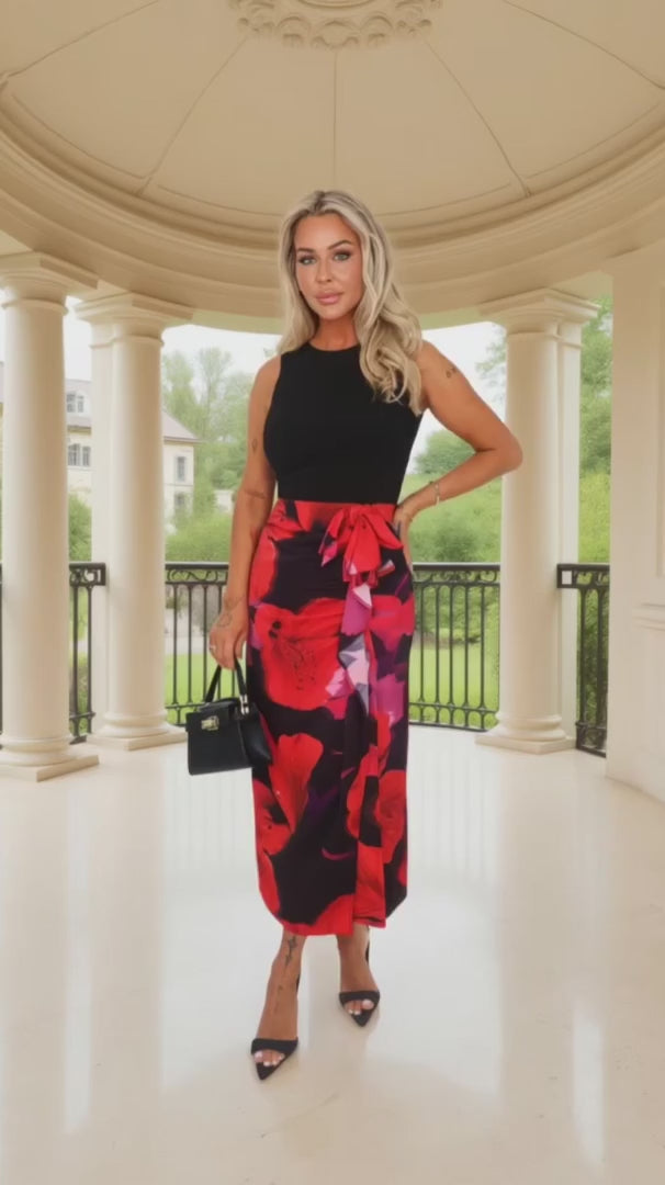 Selena Black & Red Floral Print 2 in 1 Bow Detail Midi Dress