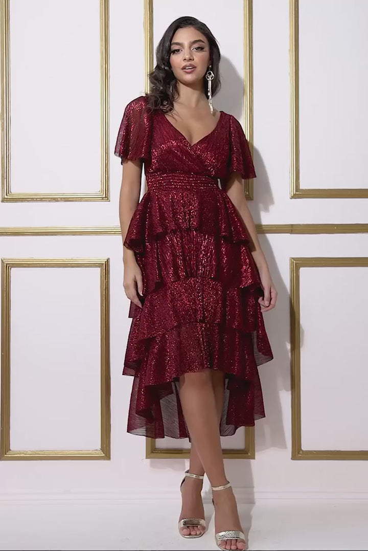 Milani Wine Red Crinkle Lurex High Low Angel Sleeve Tiered Midi Dress