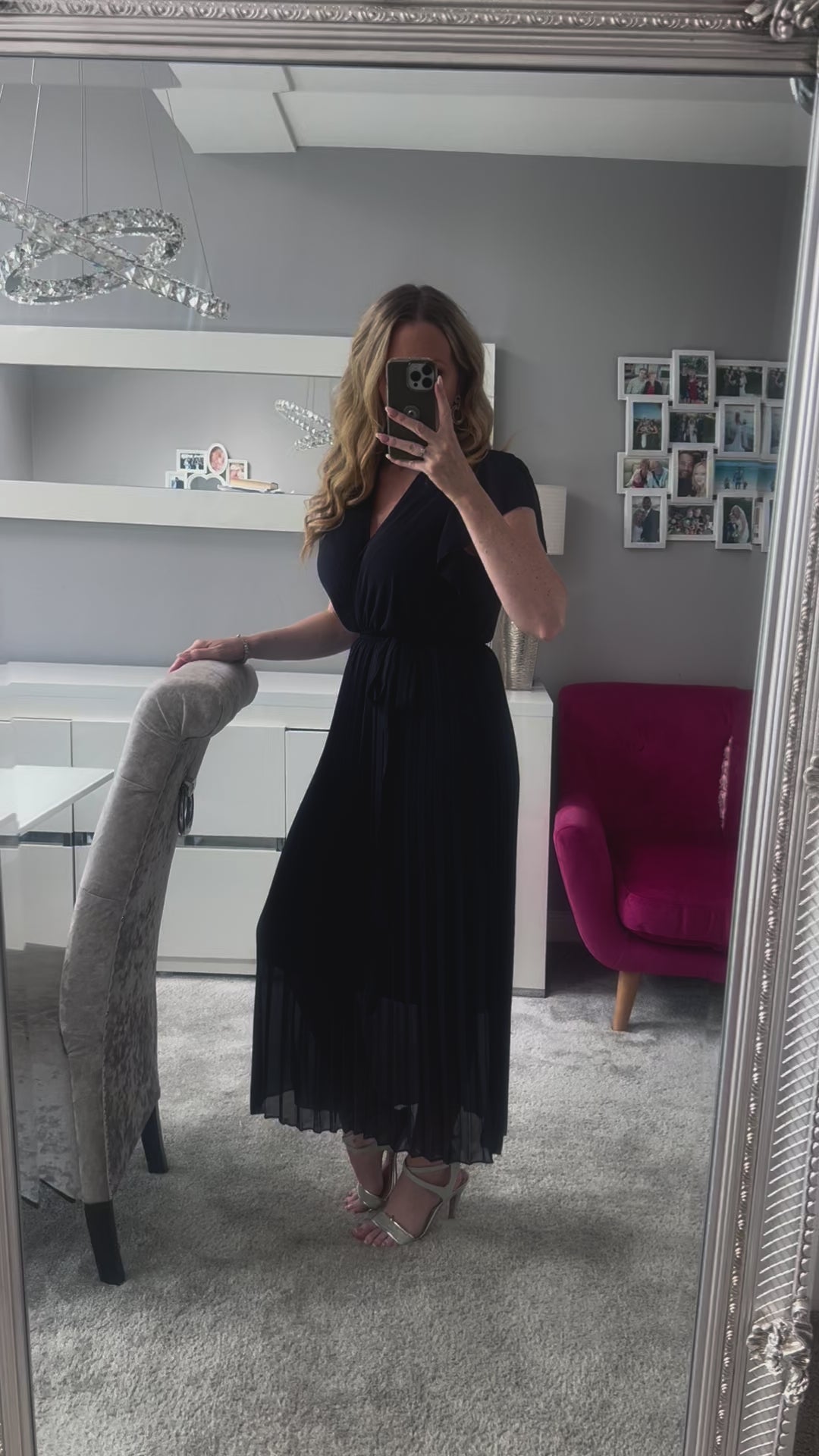 Amalfi Coast Navy Chiffon Short Sleeve Pleated Belted Maxi Dress