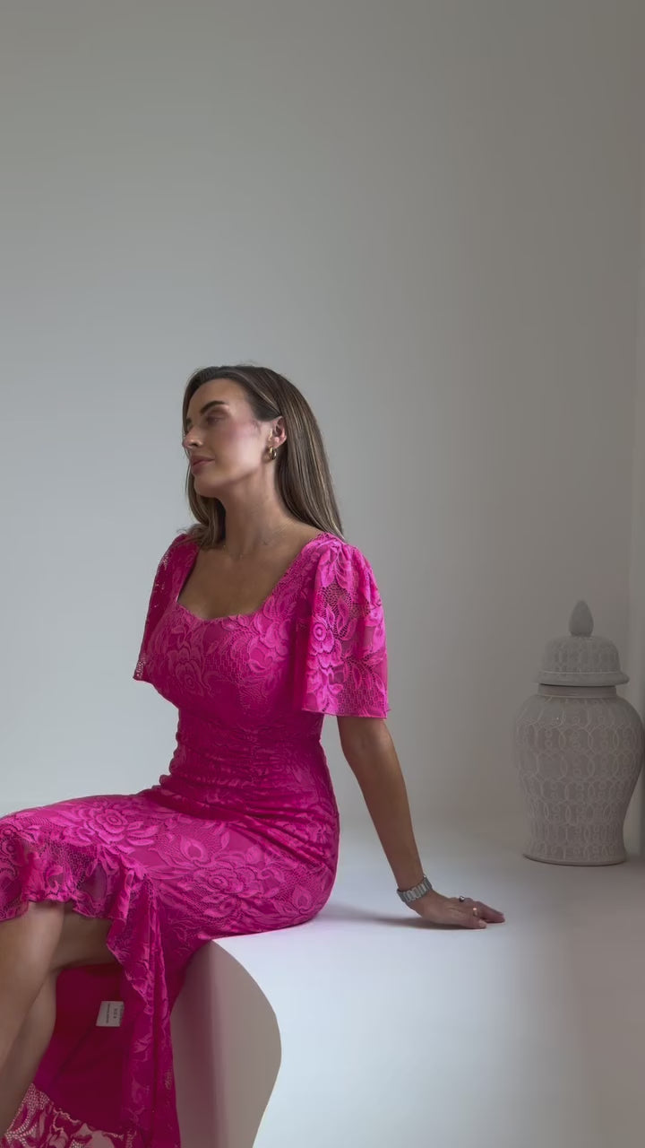 Heidi Hot Pink Lace Ruched Short Sleeve Bodycon Midi Dress