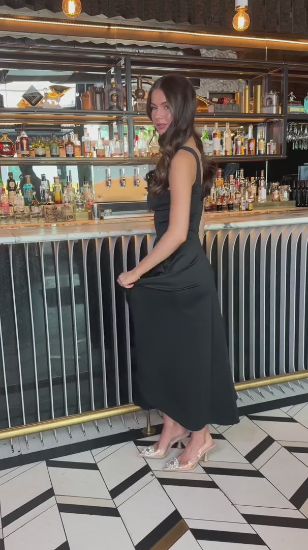 Darcy Black Square Neck Sleeveless Midi Dress With Pockets