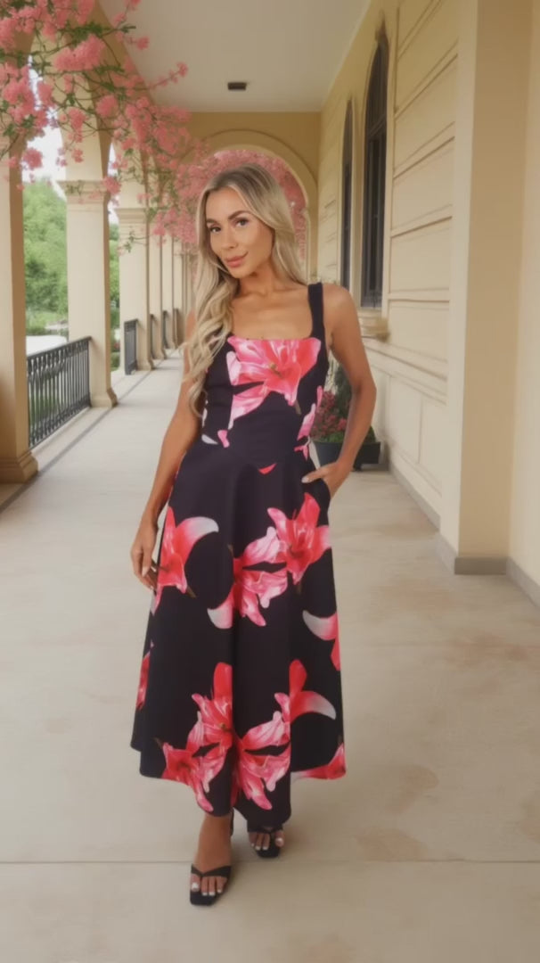 Darcy Black And Cerise Floral Print Square Neck Sleeveless Midi Dress With Pockets