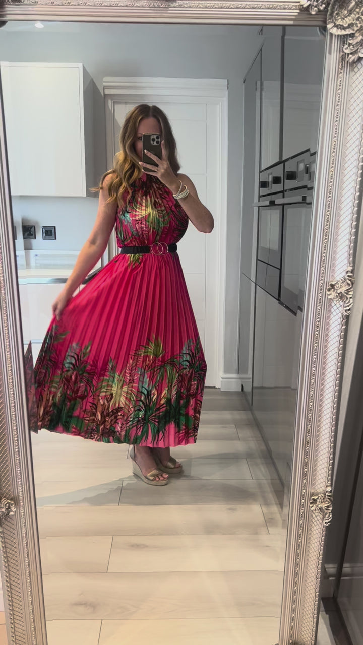 Antigua Fuchsia Pink Floral Halter Neck Pleated Maxi Dress