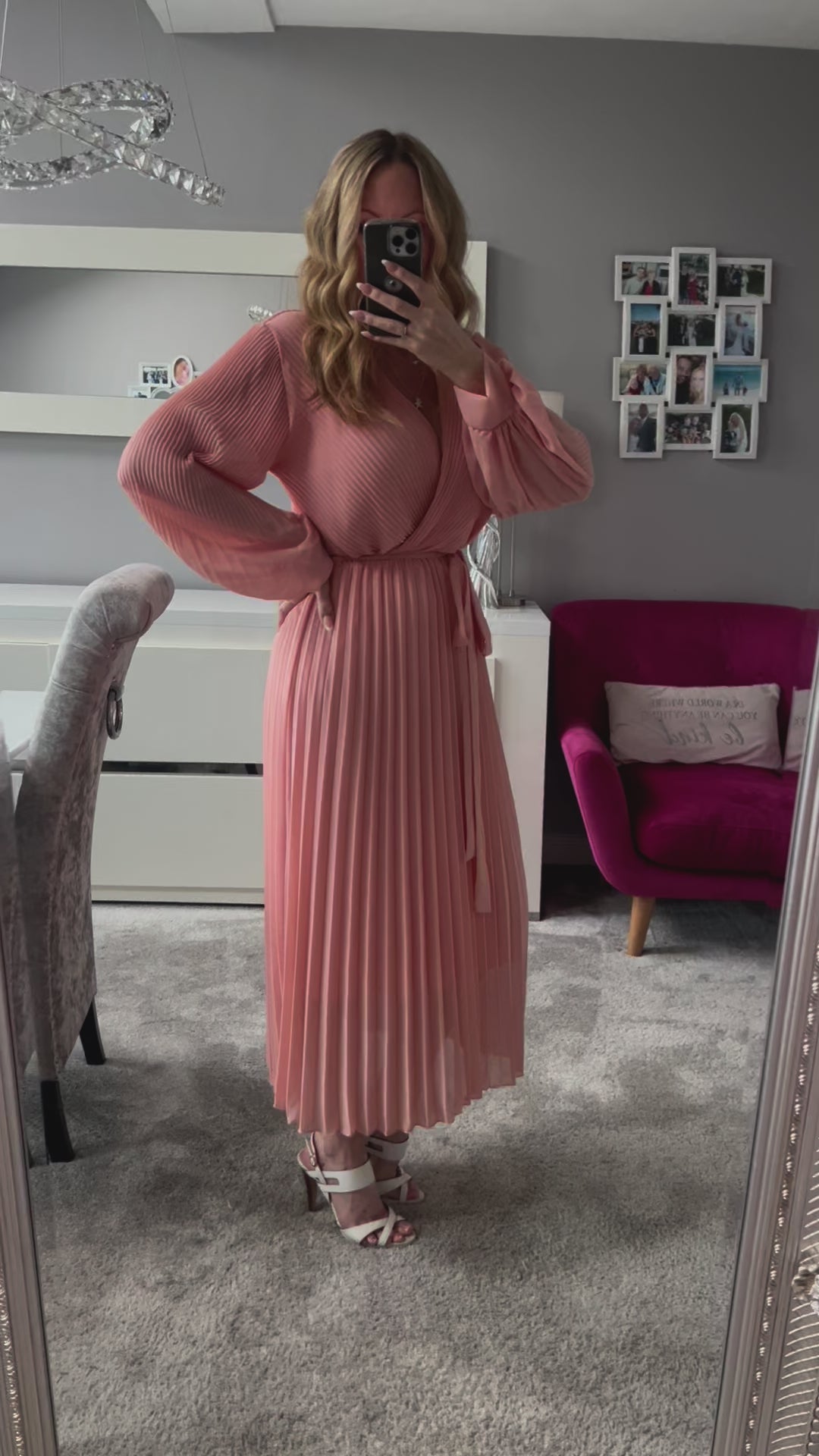 Pink chiffon long sleeve dress best sale