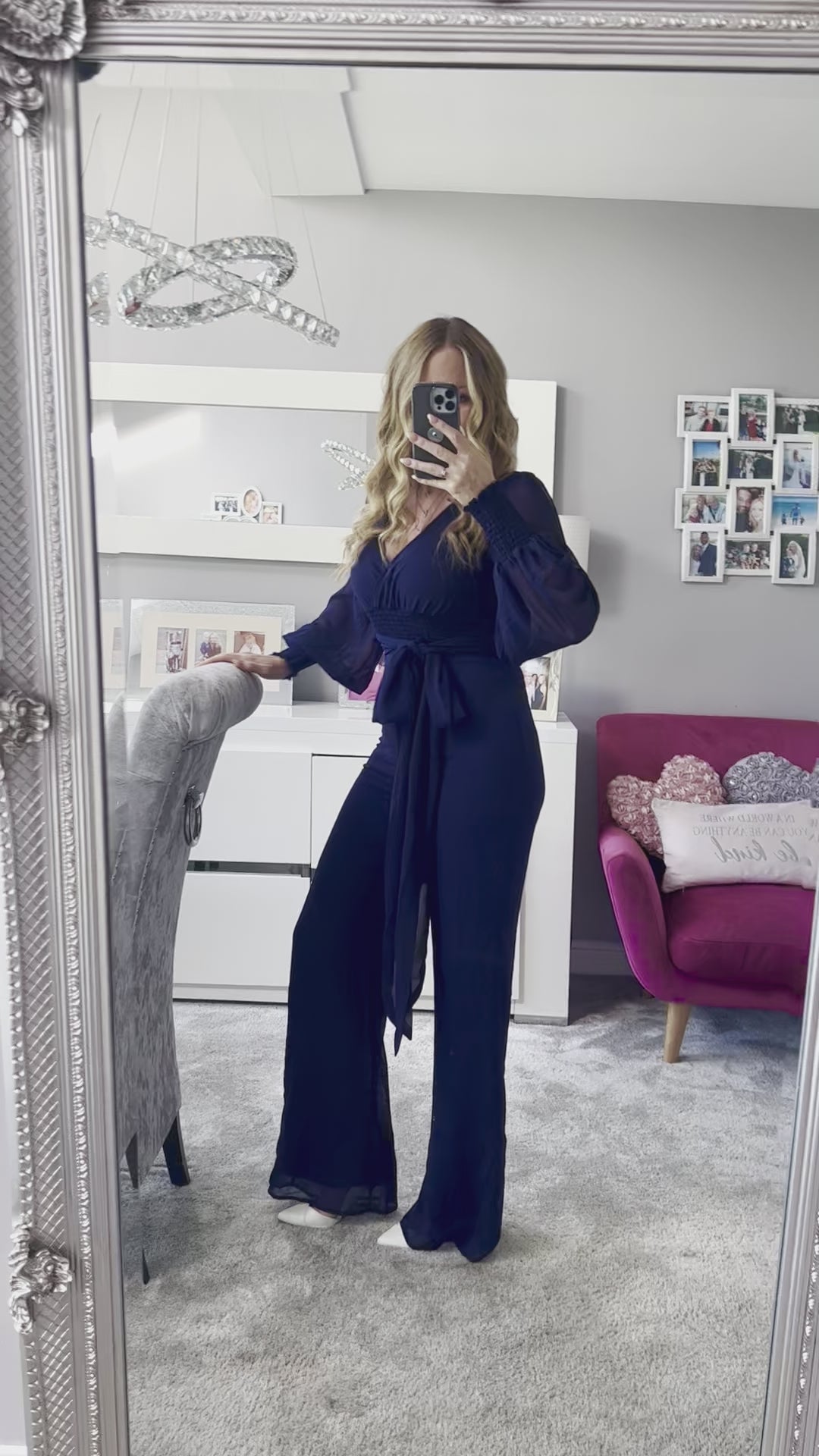 Picture Perfect Navy Belted Wide Leg Chiffon Jumpsuit