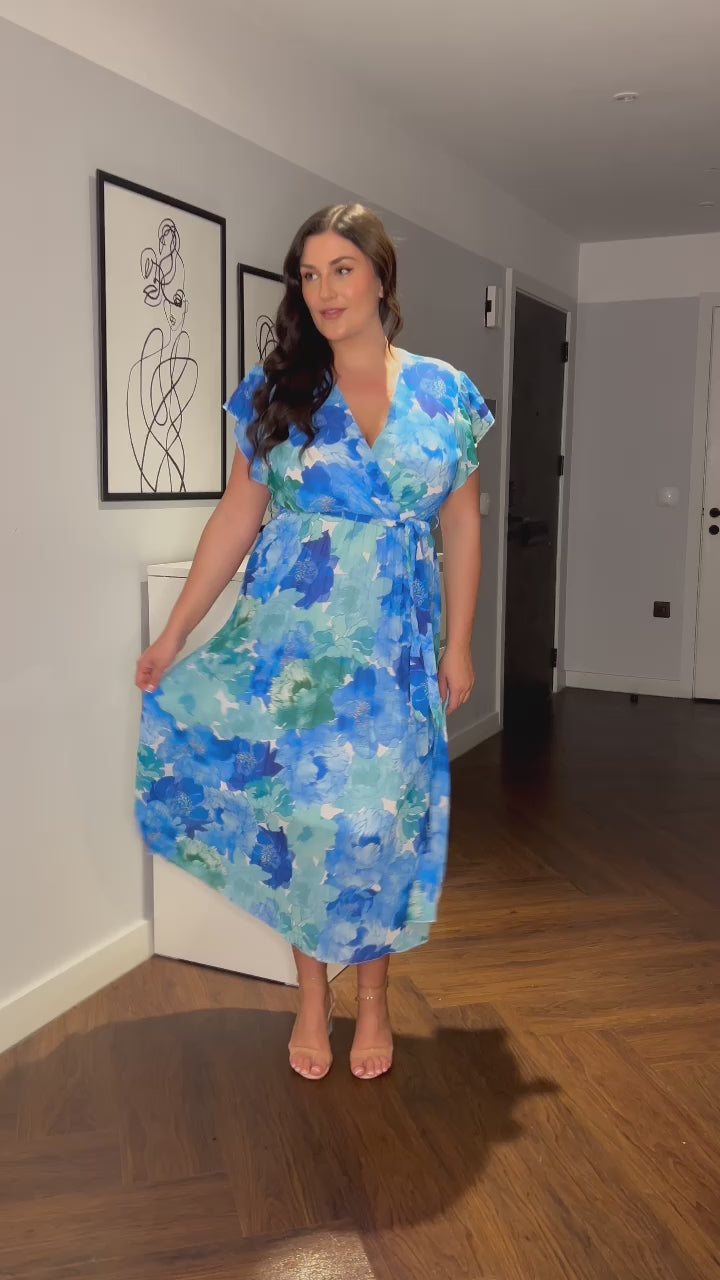 Amalfi Coast Blue Floral Chiffon Short Sleeve Pleated Belted Maxi Dress