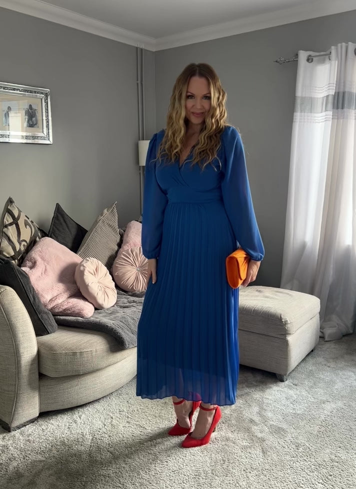 Kirsty Cobalt Blue Banded Pleated Long Sleeve Maxi Dress