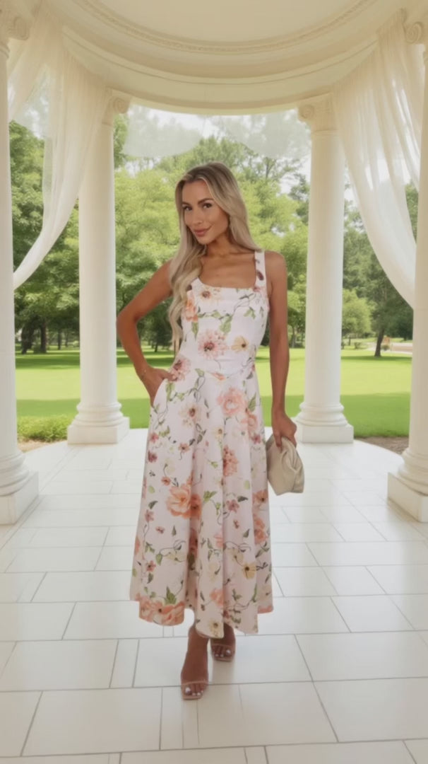 Darcy Peach Floral Print Square Neck Sleeveless Midi Dress With Pockets