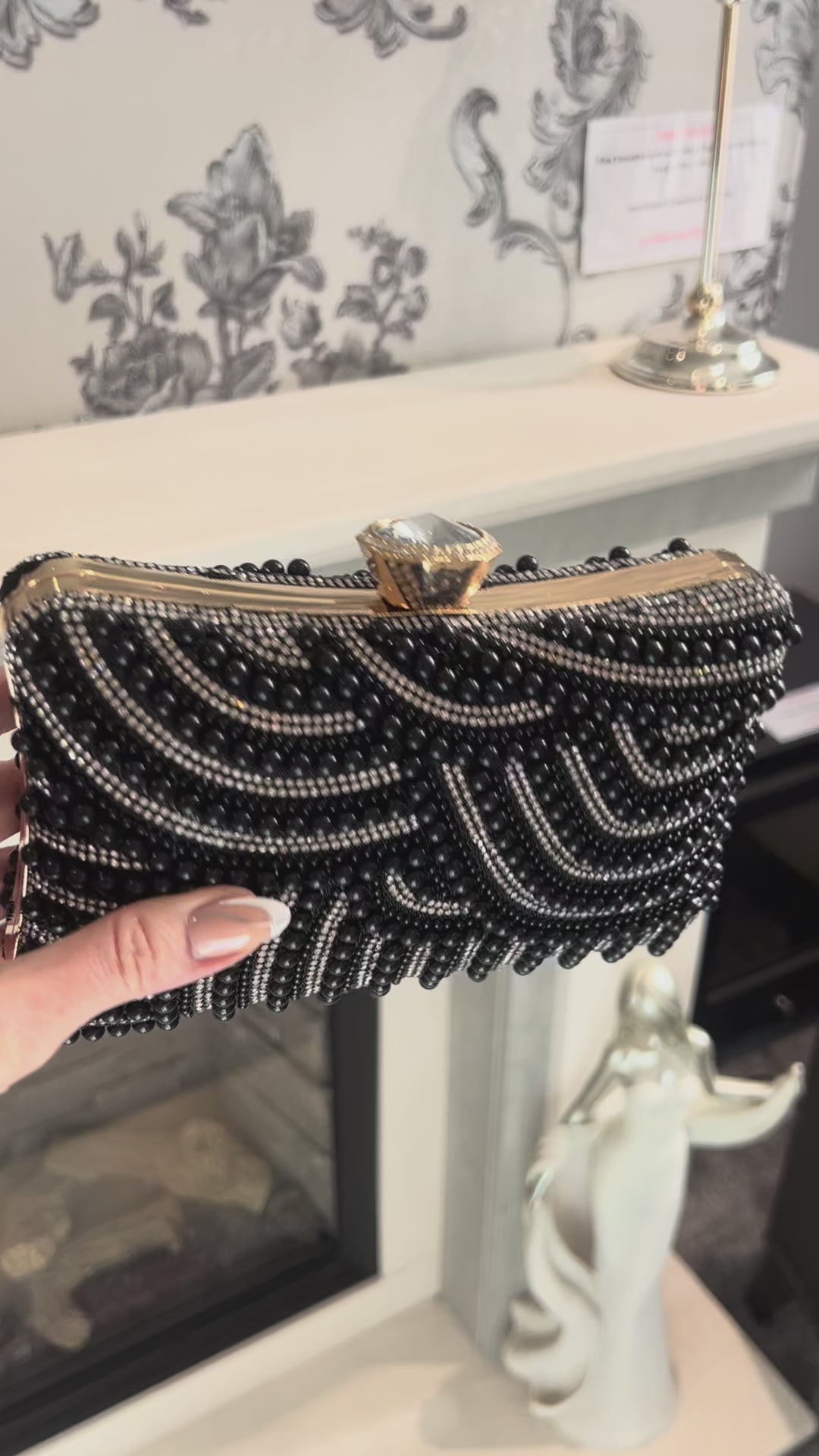 Marbella Diamante & Pearl Embellished Box Clutch Bag - Black