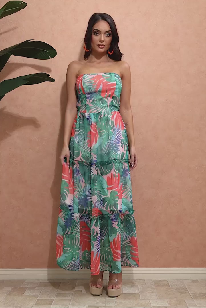 Palm Springs Leaf Print Bandeau Strapless Tiered Maxi Dress