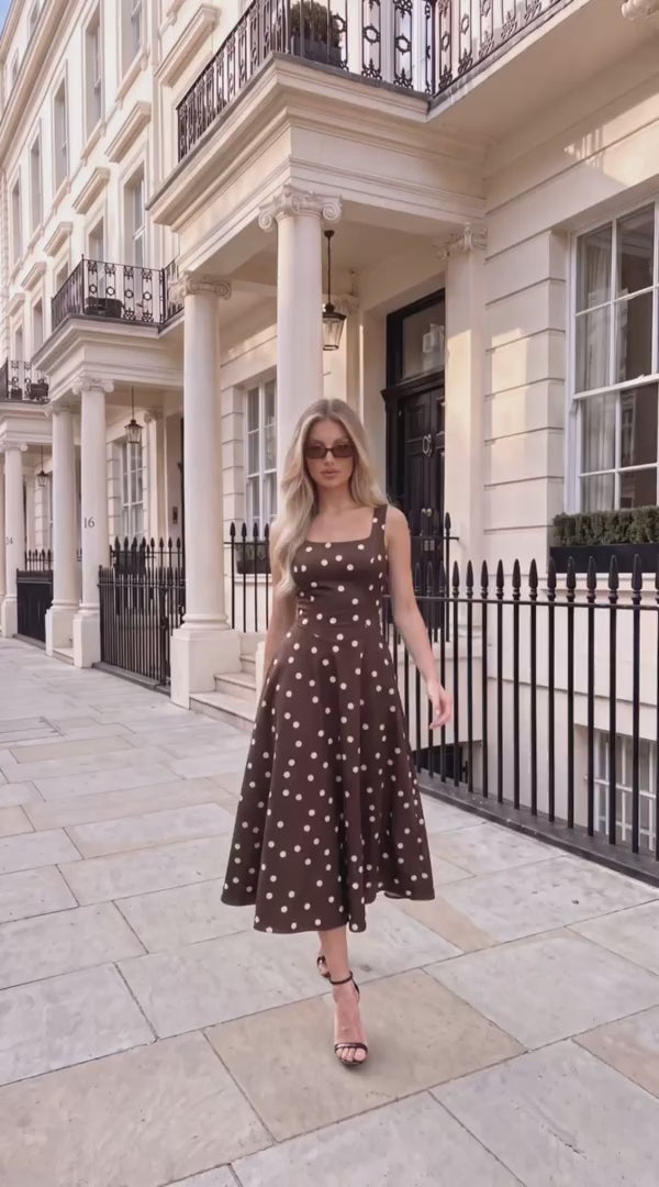 Darcy Brown Polka Dot Square Neck Sleeveless Midi Dress With Pockets
