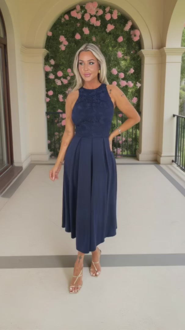 Safiya Navy Embroidered Top Overlay A-Line Skirt Midi Dress