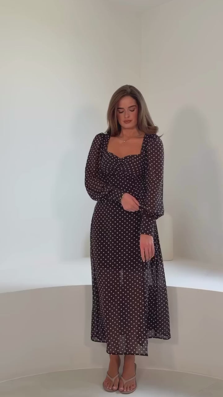Olive Brown Polka Dot Sweetheart Long Sleeve Midi Dress