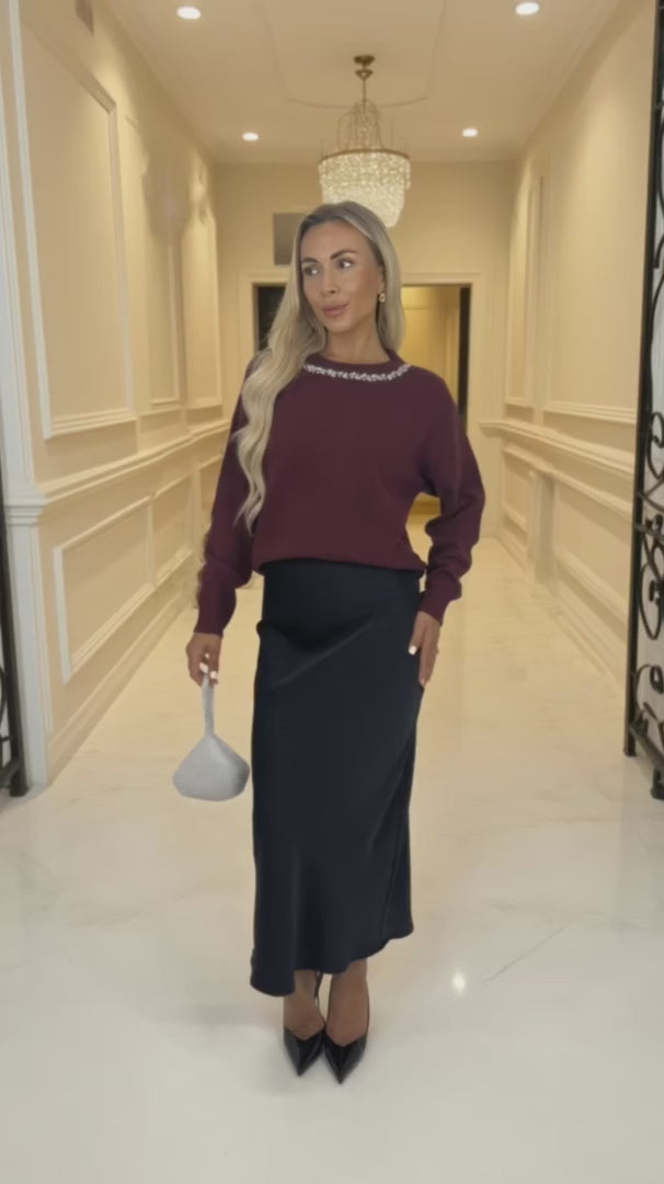 Arabella Burgundy Jewel Embellished Neck Jumper
