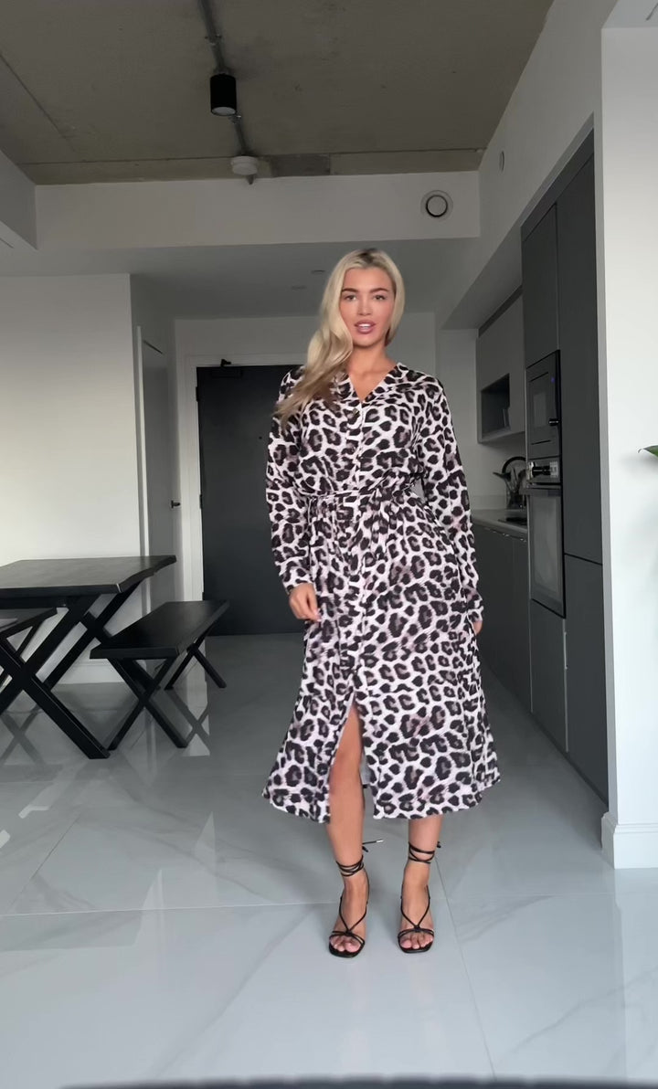 Bryony Cream Leopard Print Belted Long Sleeve Midi Shirt Dress