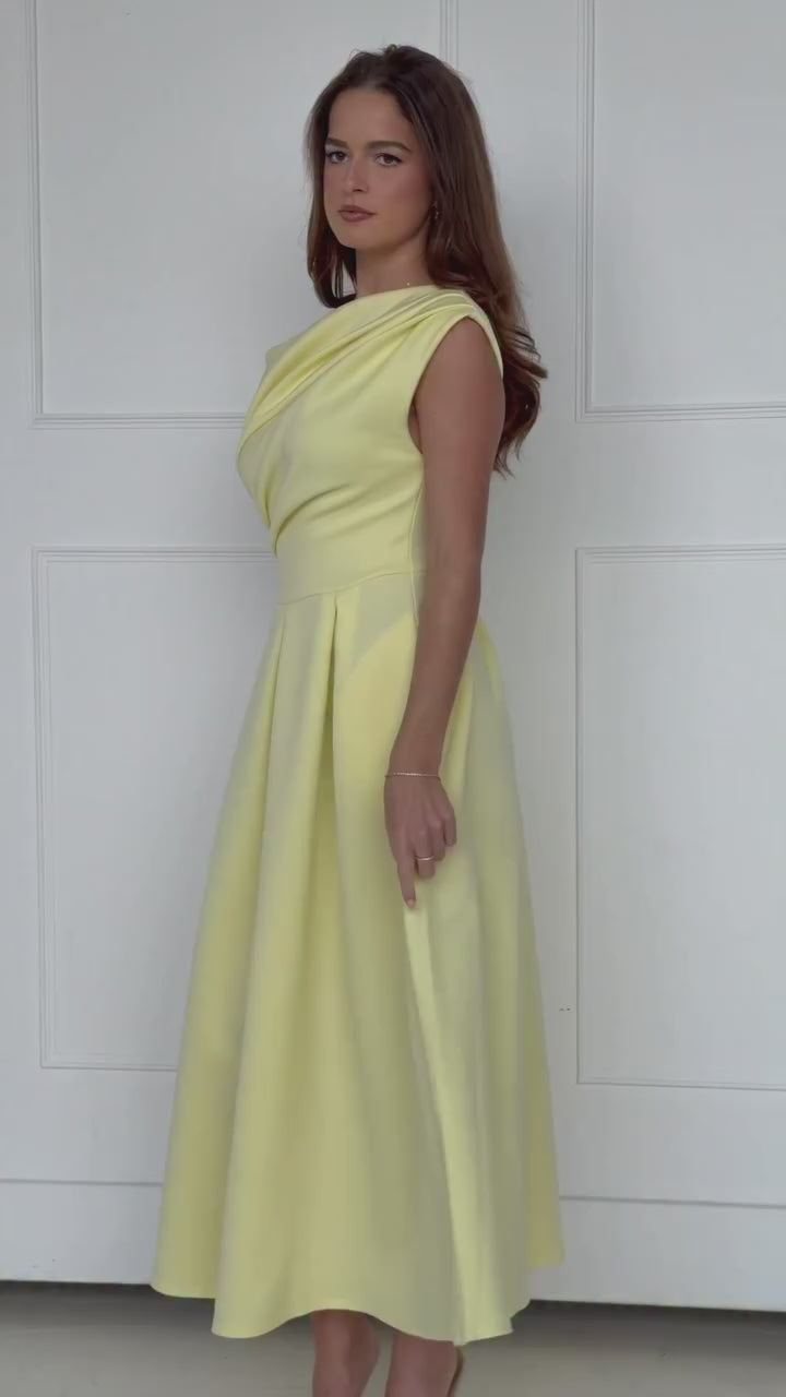 Betty Yellow Asymmetric Neckline Skater Midi Dress With Pockets